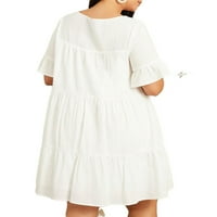 Ženski slatki obični bijeli okrugli vrat SMOCK kratki rukav plus veličina haljine