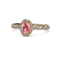 Ovalni ružičasti turmalinski i dijamantni ruši zaručni prsten 1. CT TW u 14K ružičastog zlata.Size 5.5