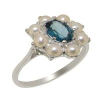 Britanci napravio 9k bijeli zlatni prirodni London Blue Topaz i kultivirani biserni ženski Obećani prsten