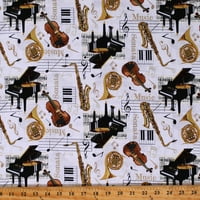 Pamučni muzički instrumenti klavir francuski rogovi saksofoni violini orkestar zlatni metalik na bijelom pamučnom tkaninu tisak od dvorišta