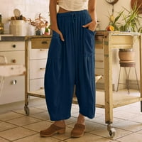 【Kupite besplatni grudnjak】 Podplage Ženske posteljine hlače elastične struke široke noge Ležerne prilike labave pantalone sa velikim džepovima