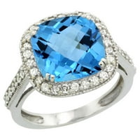 14k bijeli zlatni prirodni švicarski plavi topaz prsten za jastuk-rez 10x dijamant halo, veličine 6