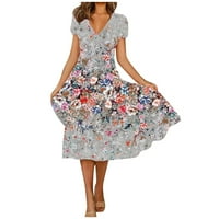 Podplag haljina za žene, žensko ljetno casual modno cvjetno tisak kratkih rukava V-izrez V-izrez, kaki