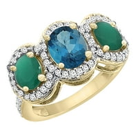 10k žuto zlato prirodni London Blue Topaz & Cabochon smaragd 3-kameni prsten ovalni dijamant, veličina