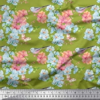 Soimoi Green Silk tkanina ptica, lišće i cvijet cvjetni dekor tkanina tiskano dvorište široko