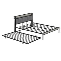 Okvir kreveta za metalnu platformu Queen Size s dvostrukom veličinom, tapeciranim uzglavljenim, utičnice,