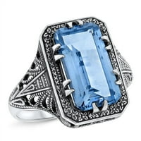 Carat Aqua Art Deco antikni stil Sterling Silver Sim Aquamarine prsten # 453