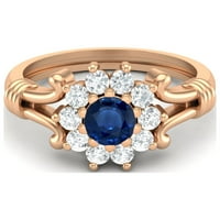 Okrugli plavi safir srebrni ružinski pozlaćeni kasetni prsten