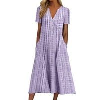 Ljetne haljine za žensko čišćenje kratkih rukava V-izrez Džepne haljine Džepne poslovne haljine za žene
