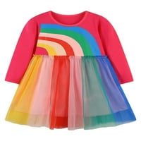 Dječja djevojka s dugim rukavima Okrugli vrat Patchwork Rainbow Dress haljina