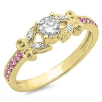 Kolekcija Dazzlingock 14k Round Pink Sapphire & White Diamond Bridal Vintage Fingement Ring, žuti zlato,