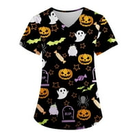Halloween majice za žene Ženska moda V-izrez kratki rukav sa džepovima Halloween tiskani vrhovi žuti