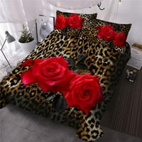 Trodijelni komfor set 3D crvena ruža i leopard posteljina posteljina visokokvalitetna mikrovlakana ultra-meka