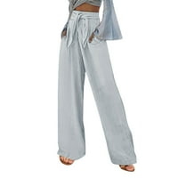 HHEI_K ženski labavi džep široki noga hlače casual gumb elastični struk pamučne posteljine labave hlače