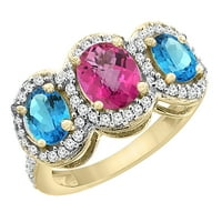 14k žuto zlato prirodno ružičasto topaz i švicarski plavi topaz 3-kameni prsten ovalni dijamant naglasak,