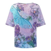 Žene ljetne vrhove Dressy casual majice Comfy pulover labav majica V-izrez kratki rukav cvjetni modni ljubičasti s
