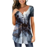 Žene Ljeto vrhovi Ležerne modne kratke rukave V rect majica Štampani vrhovi ruširani tamci tamno plave