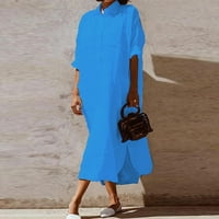 Clearsance Ljetne haljine za žene okrugli izrez Modni čvrsti srednji duljinski haljina s kratkim rukavima Plavi XL