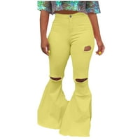 Ženske dame modni rupe patentne pantalone na širokim nogama pantne pantne pantalone žuto l