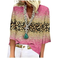 Žene ljetne bluze casual rukave s rukavima V izrez Plus veličina labav fit trendi jesen sjajno leopard