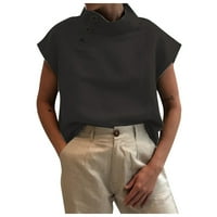STAMZOD T majice za žene Čvrsta boja kratki rukav Ležerni dugme Open Button Pulover casual labava pamučna košulja tamno siva xxl