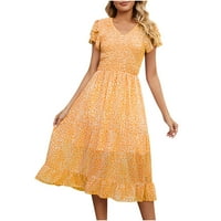 Wycnly Formalne haljine za žene kratki rukav V-izrez cvjetni print ljetne duge haljine plaža boho ruffle