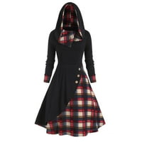 Haljina s kapuljačom Žene Jesen zimski dugi rukav Gothic Vintage Plaid Patchwork kapuljač prema kapuljaču