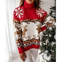 WAVSUF džemperi za žene plus veličina lagana zima casual carice s dugim rukavima tiskani Santa crveni