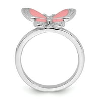 Sterling srebrni izrazi za slaganje ružičaste emajli leptir prsten - veličine 8