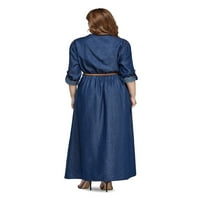 Žene plus veličine Denim Maxi haljina kapka za rušenje dugim majicama, srednja plava, 2xl