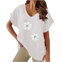 Ženski suncokret tisak V izrez košulje s kratkim rukavima pamučna posteljina za bluze ljetne majice