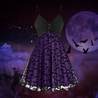 Žene Vintage Print Sling Dvostruki sloj Šifon mreža V Vrat Vintage haljina suknja Purple XXXL