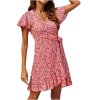 Ljetne haljine za žene Ženska ljetna cvjetna rufšena čipka šifonske haljine s kratkim rukavom V-izrez