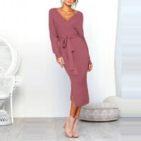 Ljetne haljine za žene Modni pleteni dugi rukav V-izrez Warmwover Swing Maxi haljina ružičasta S