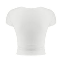 USMIXI ženski vrhovi čvrsti V-izrez kratki rukav majice Ljetni seksi tanak fit lagani gumb obrezane vrhove bluze bijeli s klirens ispod $ 5