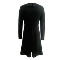 Francuska Dimple Ženska moda Retro dugih rukava okrugli vrat Čvrsta boja tat struka Swirch haljina crna