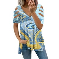Ljetno hladno rameni tunik Top za žene V izrez sa zatvaračem kratkih rukava Trendy tiskani bluza Dressy