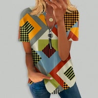 Bazyrey Womens Ljetni vrhovi patchwork ispisana bluza ženka Henley casual kratki rukav nepravilni patentni