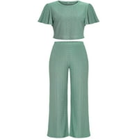 Beiwei Dame Outfits salon s kratkim rukavima setovi za posadu CREW CACT Ljeto odijelo Baggy Pijamas Sleep Sleep bager Široka noga labava noćna odjeća grašak zelena XL