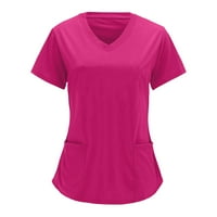 Ženski vrhovi V-izrez Loose Bluze Solid Boja Žene Ljeto Kratki rukav HOT PINK XL