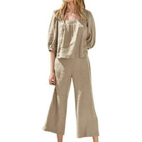 Puntoco ženska puna boja u tri četvrtine rukava obrezana gornja + casual dugačke pantalone set set Khaki