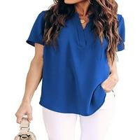 Maytalsoy ženska majica V izrez šifon bluza s kratkim rukavima pune boje casual top, bijeli, xl plavi