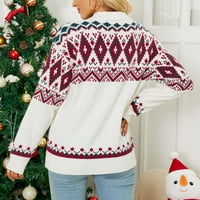 PBNBP Ženski okrugli božićni print Rekreativni pulover pleteni džemper dugi rukavi