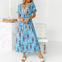 Maxi haljine za žene casual v-izrez kratkih rukava za spajanje tiskanje za gležnjeve haljine kratkih