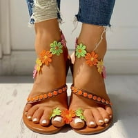 Kakina s sandale za žene, ljetne dame cvjetni prozračni ispis okruglih nožnih pete ravne sandale smeđe,