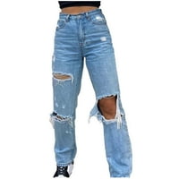 Špwfbe traperice za ženske džep elastične dugme hlače labavi struk traper rupa visoke hlače hlače