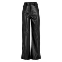 Žene FAU kožne hlače Čvrsti džepovi u boji visoki struk ravno široke noge na nogama Slim Fit pantalone