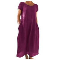 Ženska ljetna casual pune boje kratkih rukava O-izrez za šivanje labavog džepa pamučna haljina, tamno