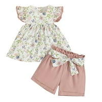 Ljetne djevojke za djecu + hlače Outfits set Slatki svjetni cvjetni leptir otisci ruffle plaže + luk