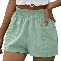Žene casual labave kratke hlače Čvrsti elastični posteljine visokog struka kratke hlače Široke noge ljetne kratke hlače sa džepovima